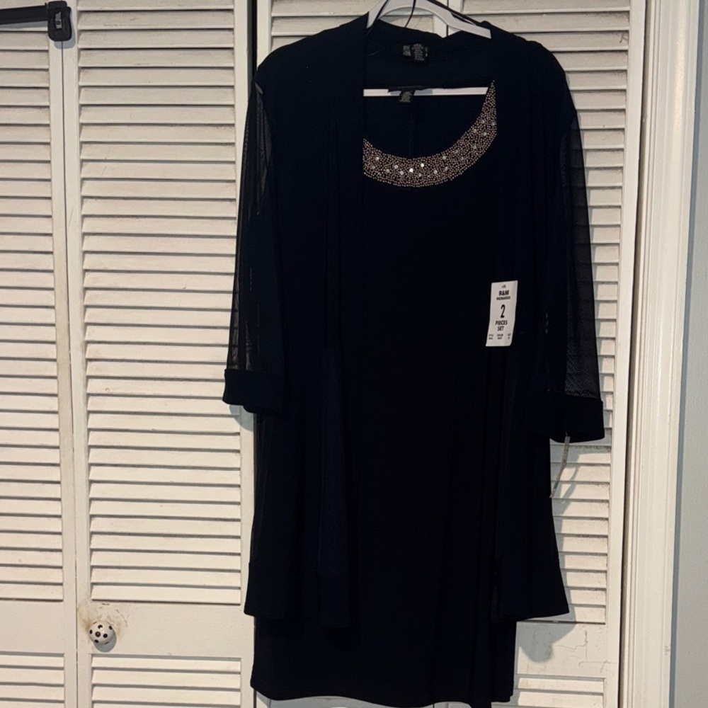 Elegant Navy Blue Sleeveless Dress with shear over lay jacket 3/4 sleeves